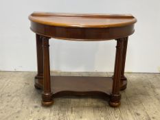 A Victorian mahogany demi lune side table (converted from a washstand) with fluted turned