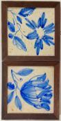 A pair of framed Portugese Azulejos tin-glazed blue and white tiles depicting flowers, possibly