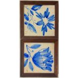 A pair of framed Portugese Azulejos tin-glazed blue and white tiles depicting flowers, possibly