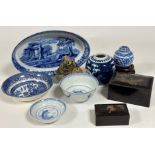 A mixed group comprising a modern blue and white rice bowl (w-11.5cm) and sauce dish decorated