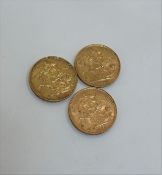 Three Queen Victoria gold sovereigns, 1889, 1899 and 1892