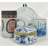 A mixed group of ceramics comprising a Briglin studio pottery tankard with wax/paper-resist swirl