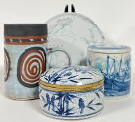 A mixed group of ceramics comprising a Briglin studio pottery tankard with wax/paper-resist swirl