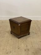 A 19th century mahogany coal box of square tapered outline, hinged lid enclosing interior with