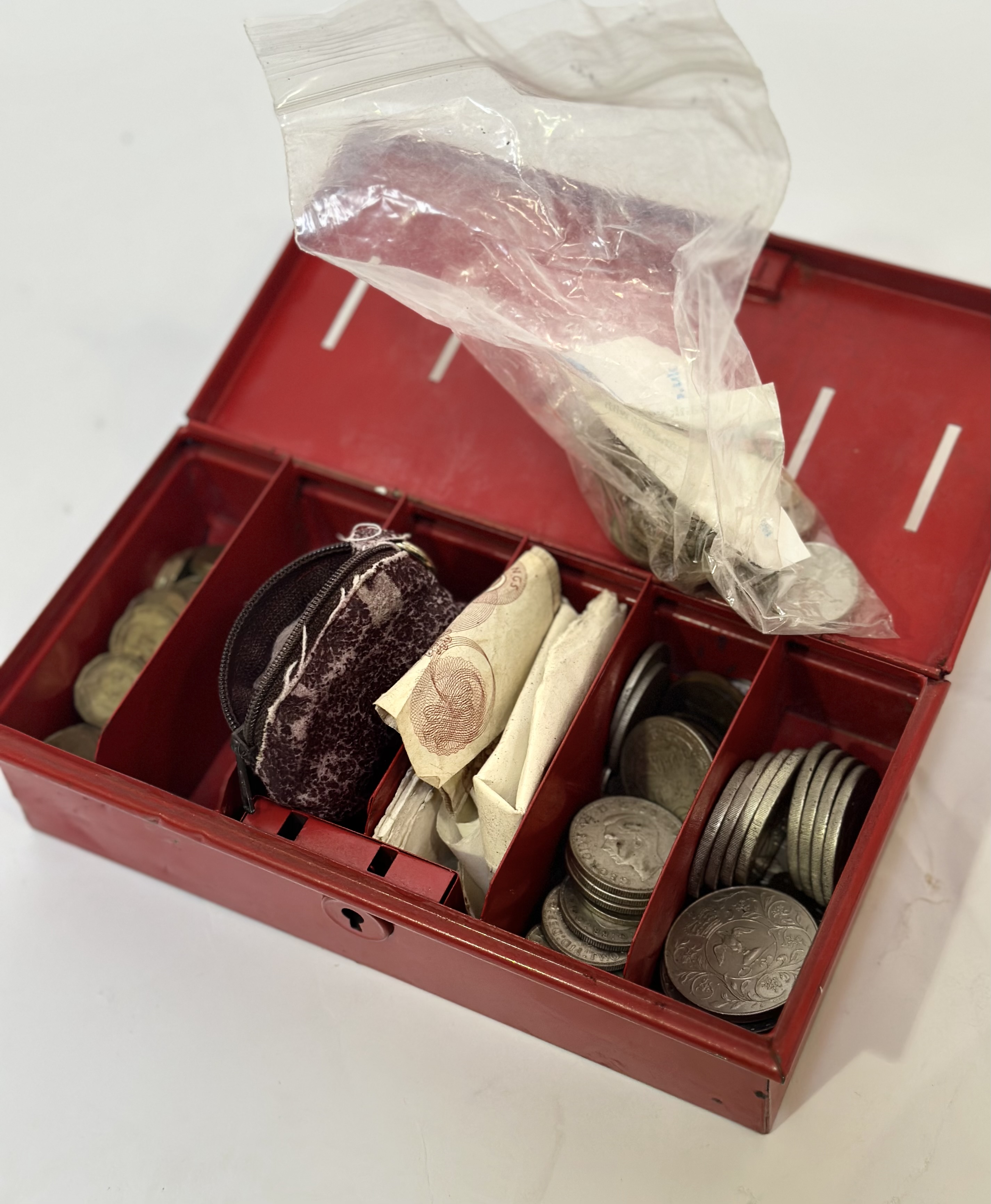 A savings box of coins (metal) mostly Victorian, best value is in pre '47 silver, 13 (3rd) 44 (