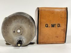 A Hardy Bros Ltd fly reel, The Perfect in fitted leather case, the lid embossed G.Mc.D. reel diamter