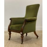 A William IV drawing room armchair, the green velvet upholstered seat back and arms a scroll