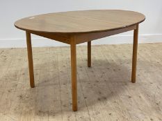 A mid 20th century elm and beech extending dining table, the oval top with magic leaf to centre