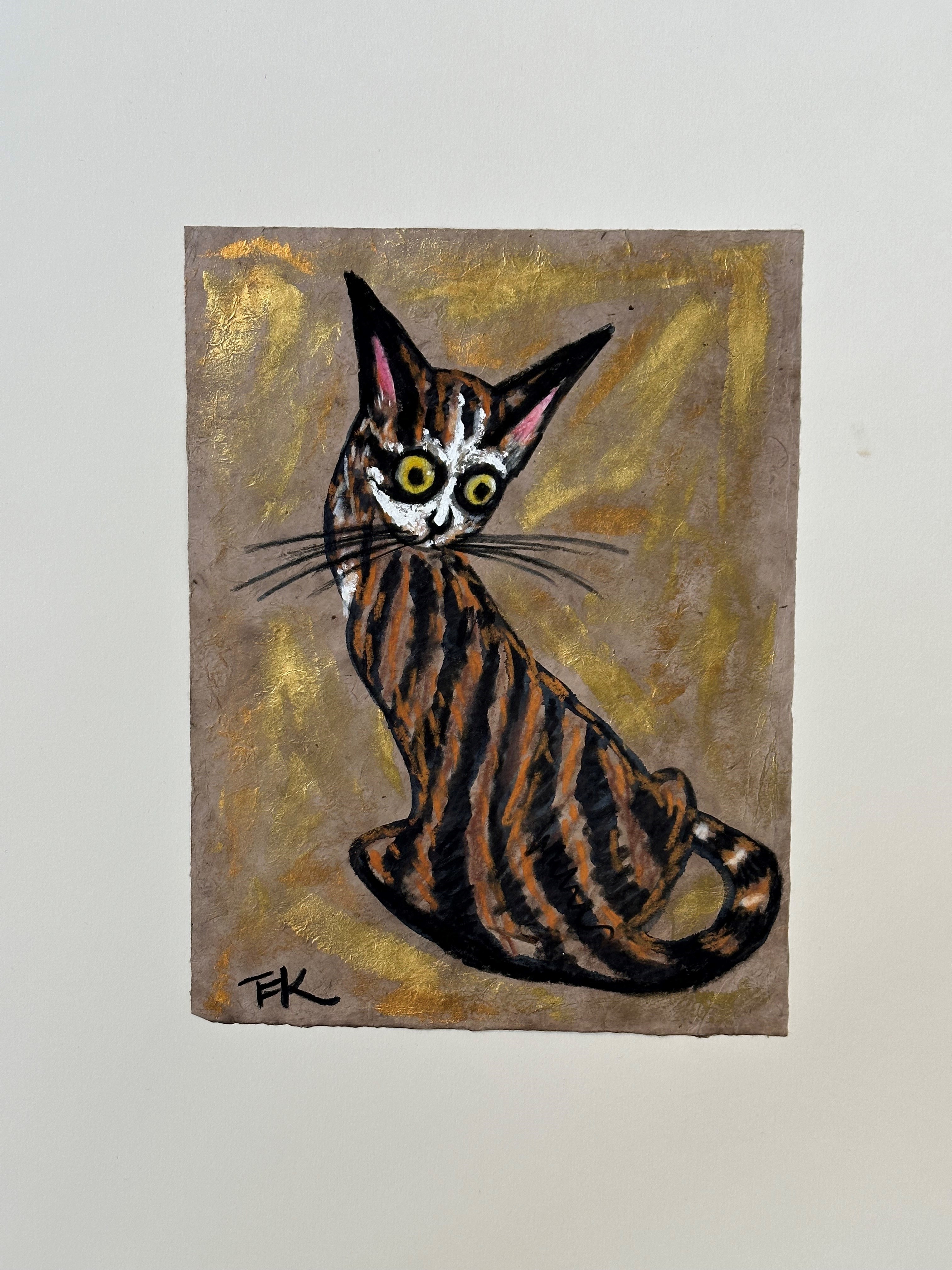 Terry Baron Kirkwood (British), Tabby Cat, on coloured handmade paper with pastel, gold leaf etc.,