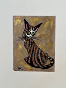 Terry Baron Kirkwood (British), Tabby Cat, on coloured handmade paper with pastel, gold leaf etc.,