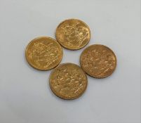 Four Edward VII gold sovereigns, 1904, 1907, 1908 and 1910