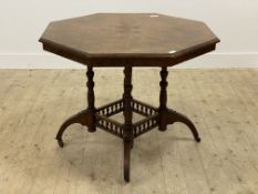 A Victorian burr walnut centre table, the quarter sawn veneered octagonal top over four turned