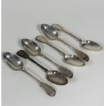 A set of six George III silver fiddle pattern table spoons with engraved initial B, Glasgow 1828 (