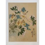 A Chinese handpainted on silk panel depicting Two Finches on a Branch, signed with seal mark and
