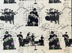 A blockwood mounted print depicting images of the Beatles, with signatures etc., in pine frame (63cm