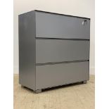 A stamped aluminium three drawer hanging filling cabinet, H102cm, W100cm, D45cm