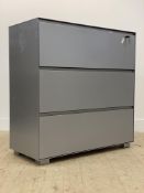 A stamped aluminium three drawer hanging filling cabinet, H102cm, W100cm, D45cm