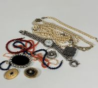 Two paste pearl necklaces (one a/f), a paste pearl bracelet, a white metal lady's quartz wristwatch,
