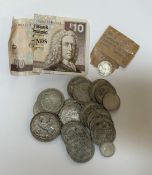 352g of pre 1946 500 standard silver UK., mostly half crowns and a redeemable £10 note