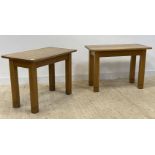 A pair of oak console tables, each raised on square chamfered supports, H79cm, W110cm, D60cm.