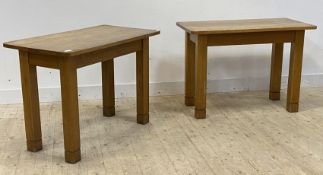 A pair of oak console tables, each raised on square chamfered supports, H79cm, W110cm, D60cm.