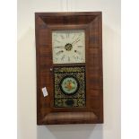 An American 'OG' mahogany cased wall clock with painted glass panel, white painted dial with Roman