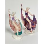 Katzhutte: two Art Deco German porcelain dancing figures, both with arms upraised, with pink and