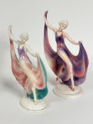 Katzhutte: two Art Deco German porcelain dancing figures, both with arms upraised, with pink and