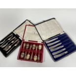 A set of six Epns cased pastry forks(12cm), a set of six sterling Edinburgh silver thistle pierced
