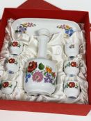 A Hungarian Kalocsa mid century shot set, complete with presentation box, serving dish and set of