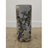 A modern Chinese porcelain cylindrical stick stand, depicting cranes and flowers, painted in