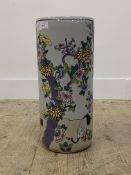 A modern Chinese porcelain cylindrical stick stand, depicting cranes and flowers, painted in
