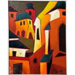 Meyor, Abstract Cityscape, oil on canvas, signed bottom right, dated 2005, in white painted frame (