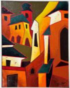 Meyor, Abstract Cityscape, oil on canvas, signed bottom right, dated 2005, in white painted frame (