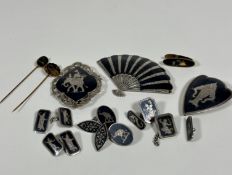 A collection of Thai sterling silver including fan shaped black enamelled brooch (4.5cm x 7cm), an