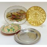 A mixed group of dishes/trays comprising a yellow/amber Victorian pressed glass Queen's Jubilee dish