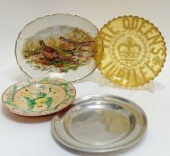 A mixed group of dishes/trays comprising a yellow/amber Victorian pressed glass Queen's Jubilee dish