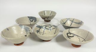 A set of six Japanese inspired ramen pottery bowls by Caroline Carolla circa 1950-60 with light grey