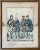 After K Macleay RSA . 19thc print of four Clansmen highllighted with colour, in gilt glazed