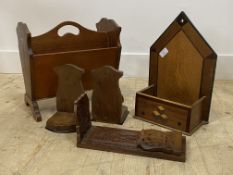 A group lot of treen to include; a one division inlaid walnut canterburry; an inlaid oak candle type