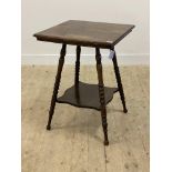 A late Victorian oak occasional table, the square top raised on bobbin turned supports united by