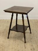 A late Victorian oak occasional table, the square top raised on bobbin turned supports united by