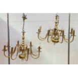 A pair of gilt lacquered brass Dutch style eight branch chandeliers D72cm