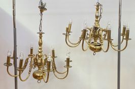 A pair of gilt lacquered brass Dutch style eight branch chandeliers D72cm