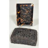 A 19thc Chinese tortoise shell rectangular carved snuff box, the relief carved top with figures some