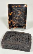 A 19thc Chinese tortoise shell rectangular carved snuff box, the relief carved top with figures some