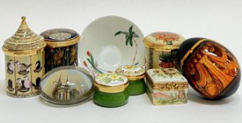A mixed group of enamelled boxes/trinkets comprising two Halycon Days boxes (marked verso) (h- 5cm),