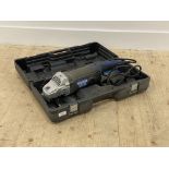 An Energer 230mm corded angle grinder, complete with hard case and six cutting disks