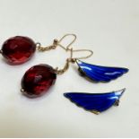 A pair of red amber coloured oval faceted drop earrings, (2cm) and a pair of Norwegian A SCH