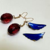 A pair of red amber coloured oval faceted drop earrings, (2cm) and a pair of Norwegian A SCH